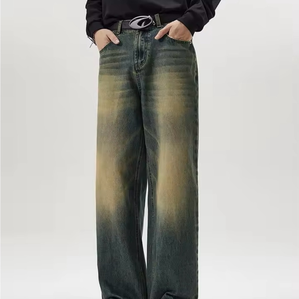 Stylish Green and Tan Wide-Leg Jeans
